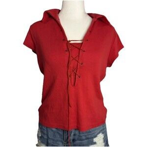 Vintage Clio Women’s Tie Front Collar RED Short Sleeve Shirt 100% Cotton- Large